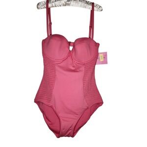 KATE SPADE One Piece Swimsuit Womens Medium Smocked Underwire Pink Gold NEW
